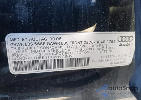2007 Audi S6 5.2 z USA, uszkodzony, nr VIN WAUGN74F47N047999